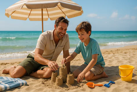 Smiling father and son building sandcastles on a sunny beach, enjoying time together near the ocean with a striped umbrella and beach toys.