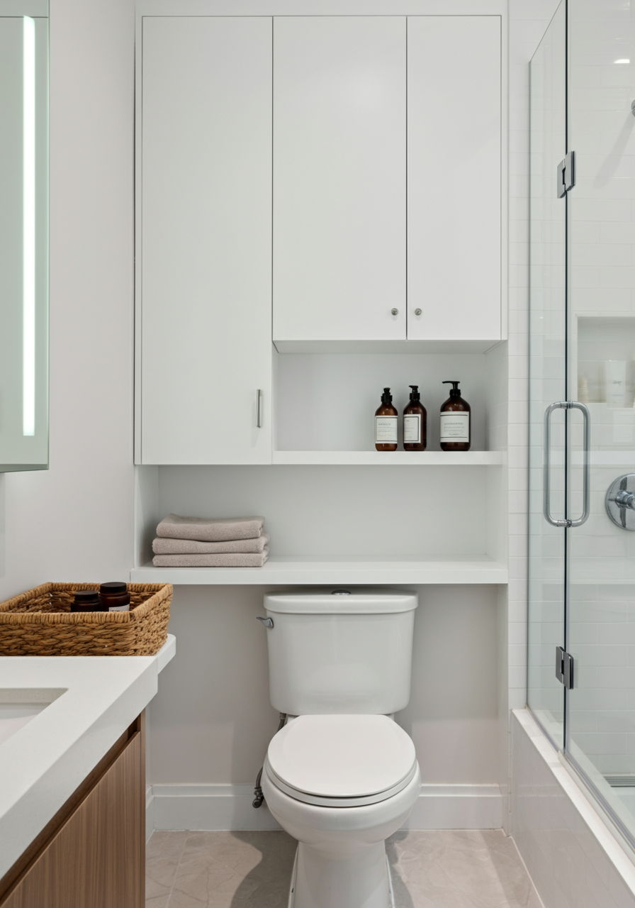 A Streeterville bathroom featuring built-in storage niches in the shower area and a medicine cabinet with integrated lighting. These thoughtful storage solutions maintain the clean aesthetic while providing practical space for toiletries—exactly what urban buyers value in compact spaces.