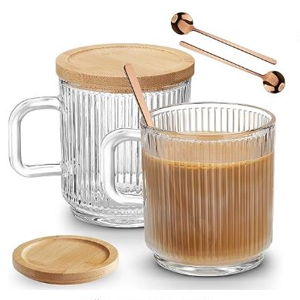 Mfacoy 2 PACK Glass Coffee Mugs with Handle & Spoon, 12 OZ Glass Coffee Cups with Bamboo Lid, Ribbed Glass Cups, Clear Tea Cup for Hot/Cold Beverages, Glassware Set for Americano, Latte, Cappuccino