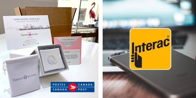 Set of boxes Flamme en rose for mailings with Canada Post and Interac logos.