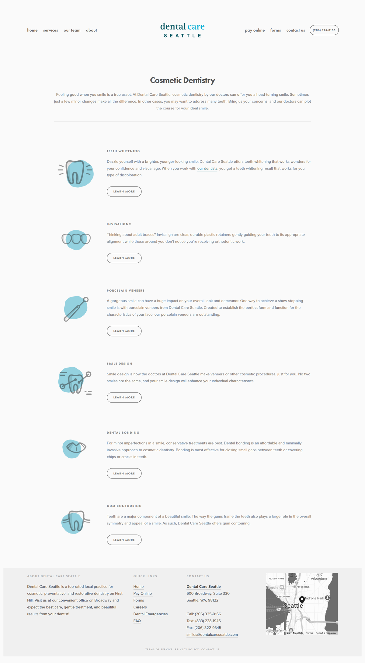 Screenshot of Dental Care Seattle, from the service page design examples collection.