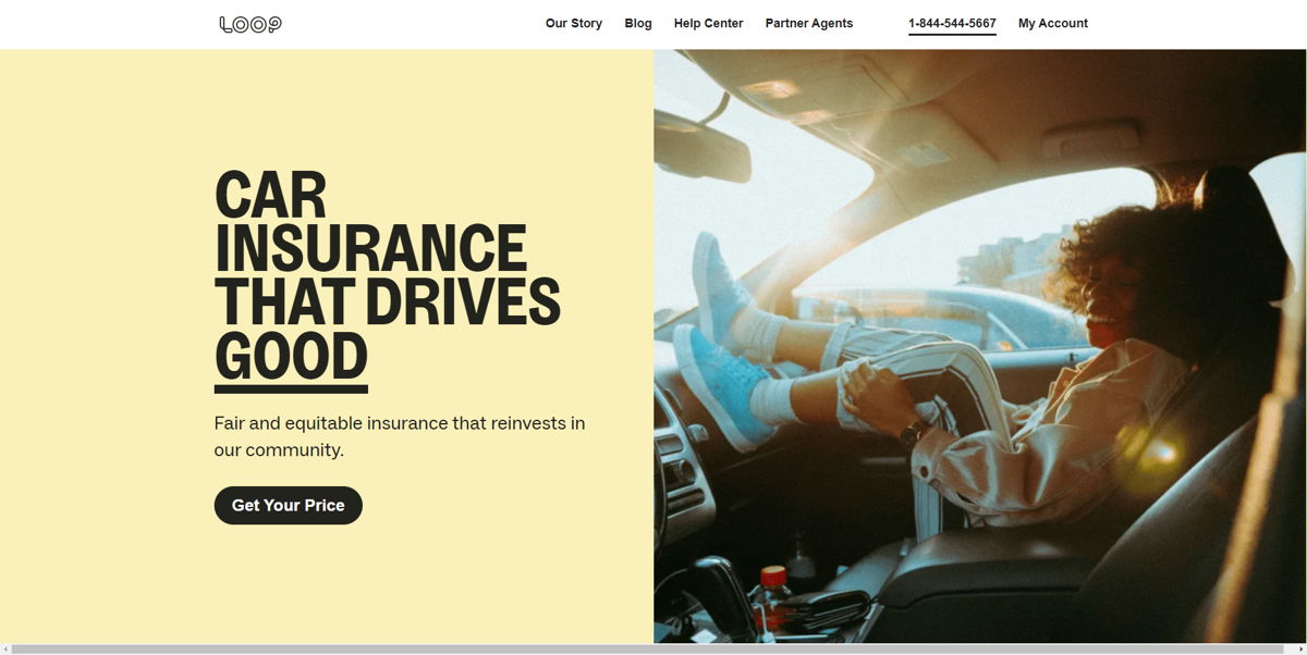 Screenshot of LOOP Car Insurance, from the insurance agent websites collection.