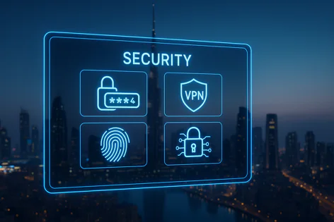 Digital security icons displayed on a futuristic glowing interface over a city skyline at night, featuring password, VPN, fingerprint, and digital lock symbols.