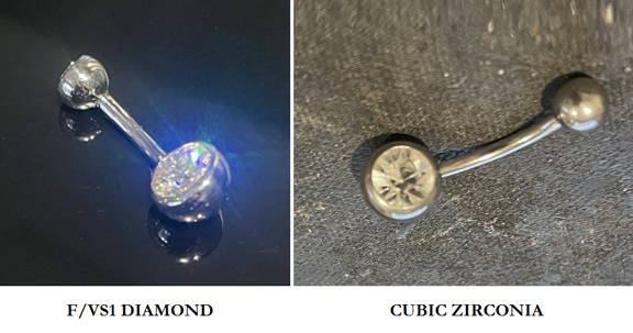 Diamond belly ring compared to cubic zirconia. Pobjoy Diamonds