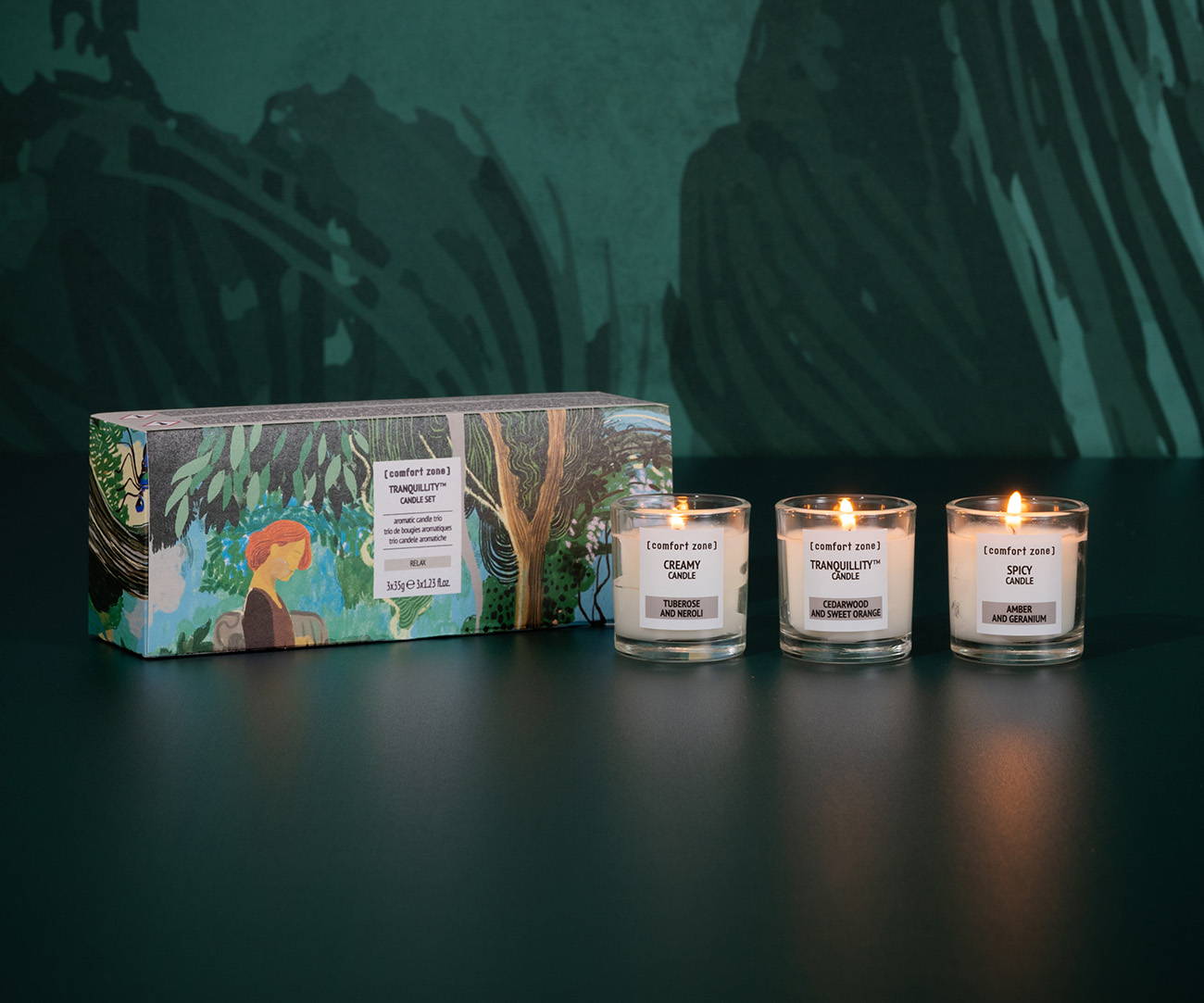 Luxuriöses Kerzenset mit drei außergewöhnlichen Düften: Creamy Candle, Spicy Candle und Tranquillity Candle in nachhaltiger Verpackung