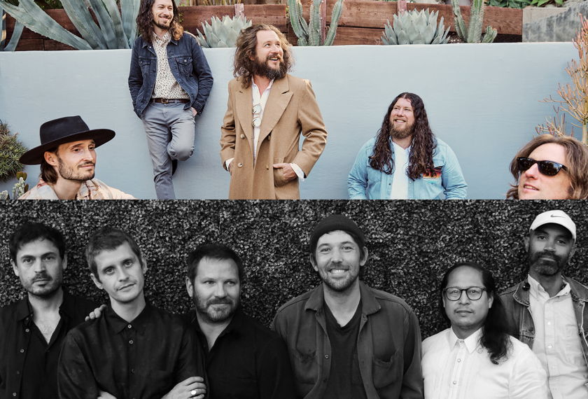A split image collage featuring the band My Morning Jacket at top and the band The Fleet Foxes on the bottom. 