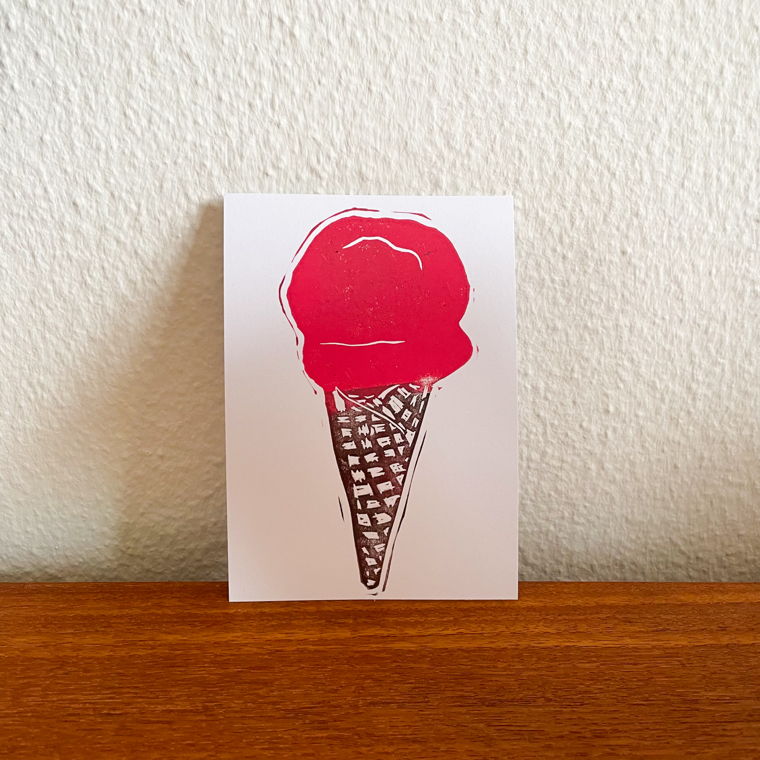 Lino print "strawberry" - Ice cream cone
