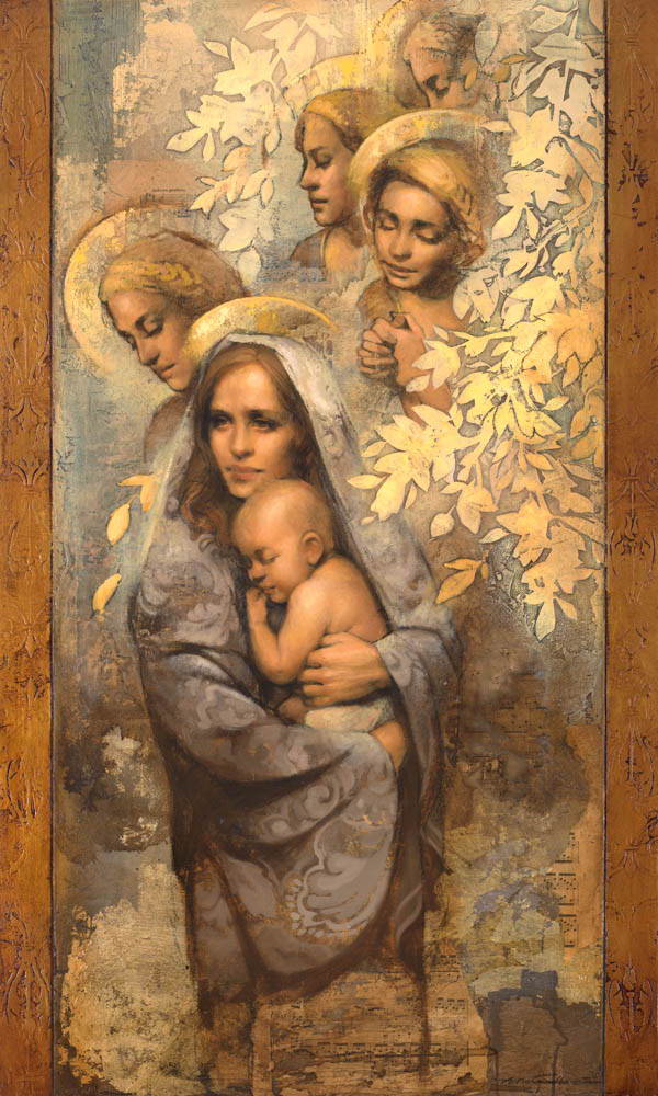Angels comforting a young mother and her infant.