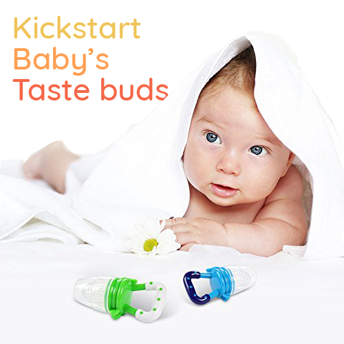 Baby wrapped in towel with two SuperTots food pacifiers