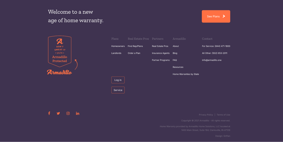 Screenshot of Armadillo Home Warranties, from the website footer designs collection.