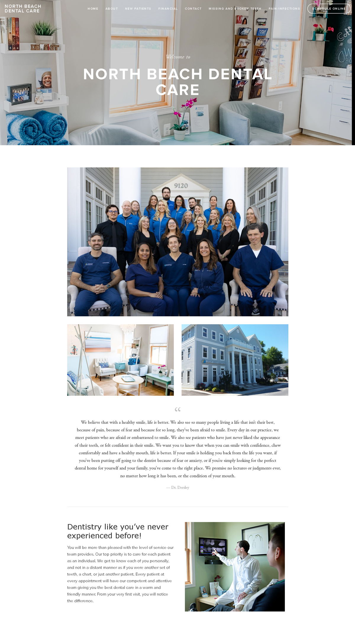 Screenshot of North Beach Dental Care, from the homepage examples collection.