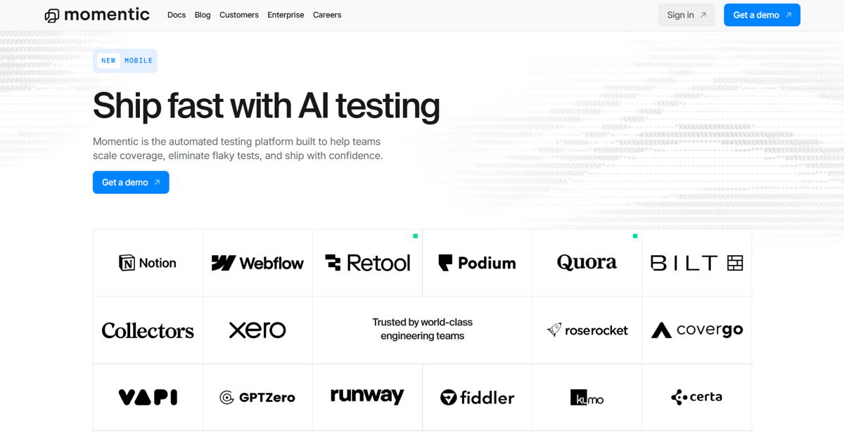 Screenshot of Momentic , from the ai company websites collection.