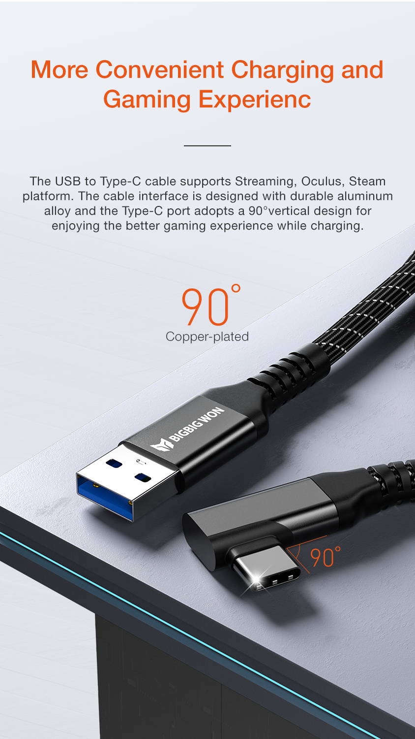 bigbig won usb 3.2 usb c type c link cable 90° copper-plated for more convenient charging and gaming