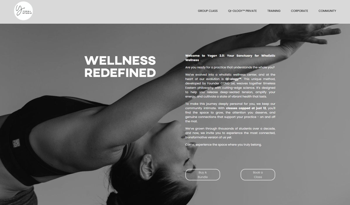 Screenshot of Yoga+, from the squarespace yoga websites collection.
