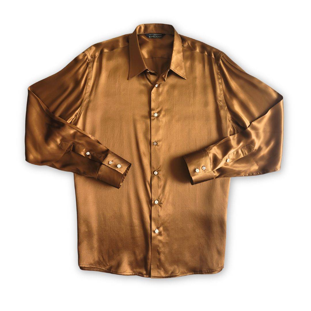 product photo of mens long sleeve caramel brown silk shirt from 1000 kingdoms