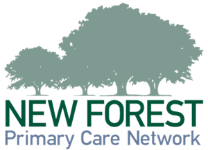 Logo of New Forest Primary Care Network showing silhouettes of three large trees in green above the organizations name in bold green and blue text.