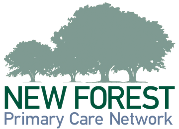 Logo of New Forest Primary Care Network showing silhouettes of three large trees in green above the organizations name in bold green and blue text.