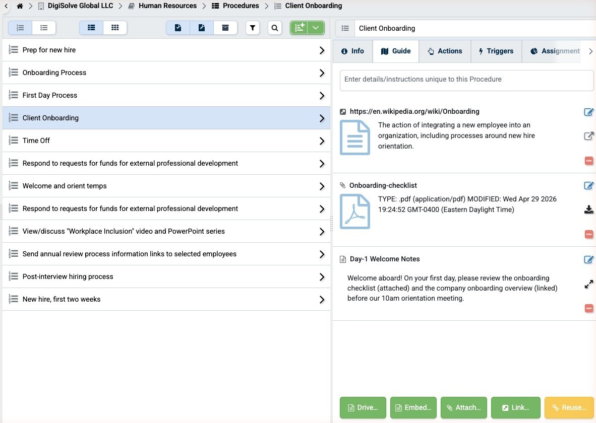 Procedure showing all three Resource types: Linked, Attached, and Embedded