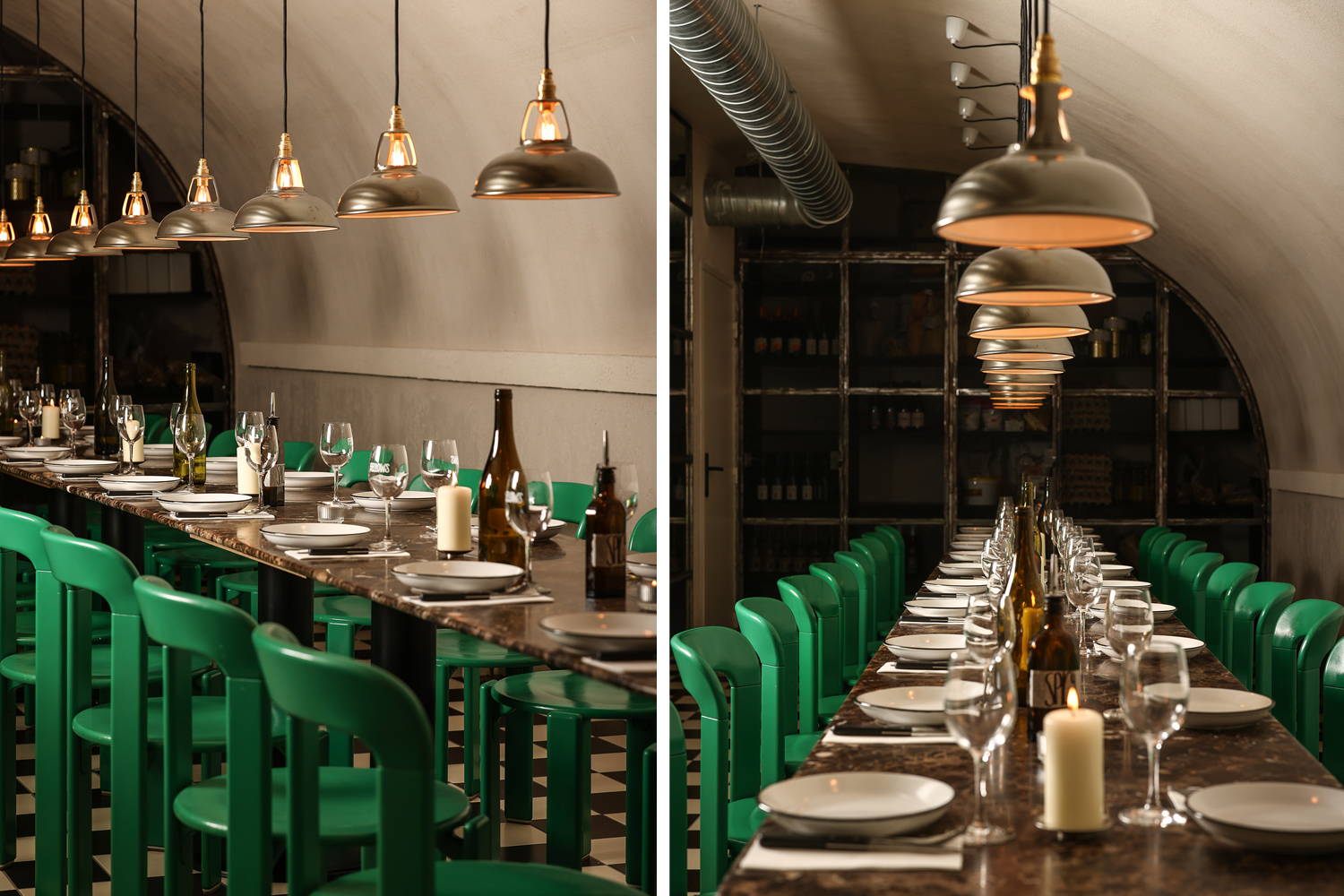 Two image, both showing a Coolicon lampshades hanging over a long set table with green chairs on either side