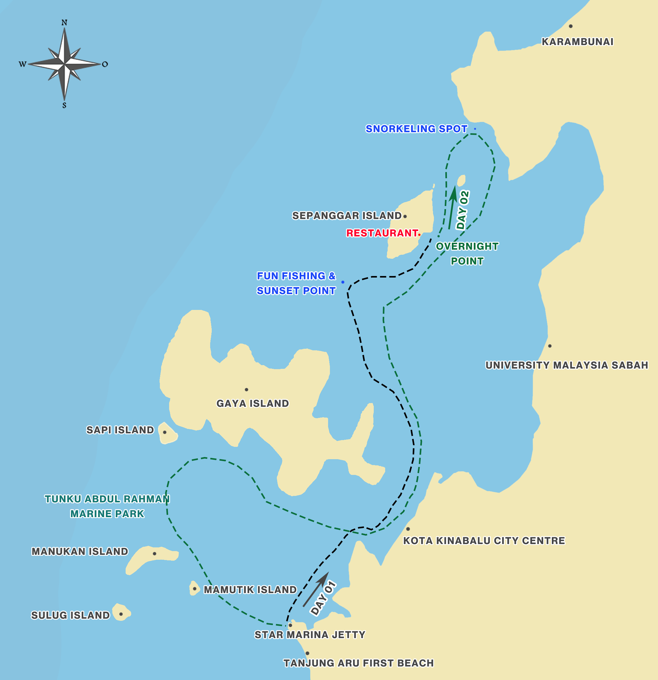 Sailing routes of 2D1N Sepanggar Island Staycation