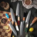 A vibrant collection of the Kiritsuke 6-piece knife set on a cutting board, perfect for a stylish and efficient kitchen.