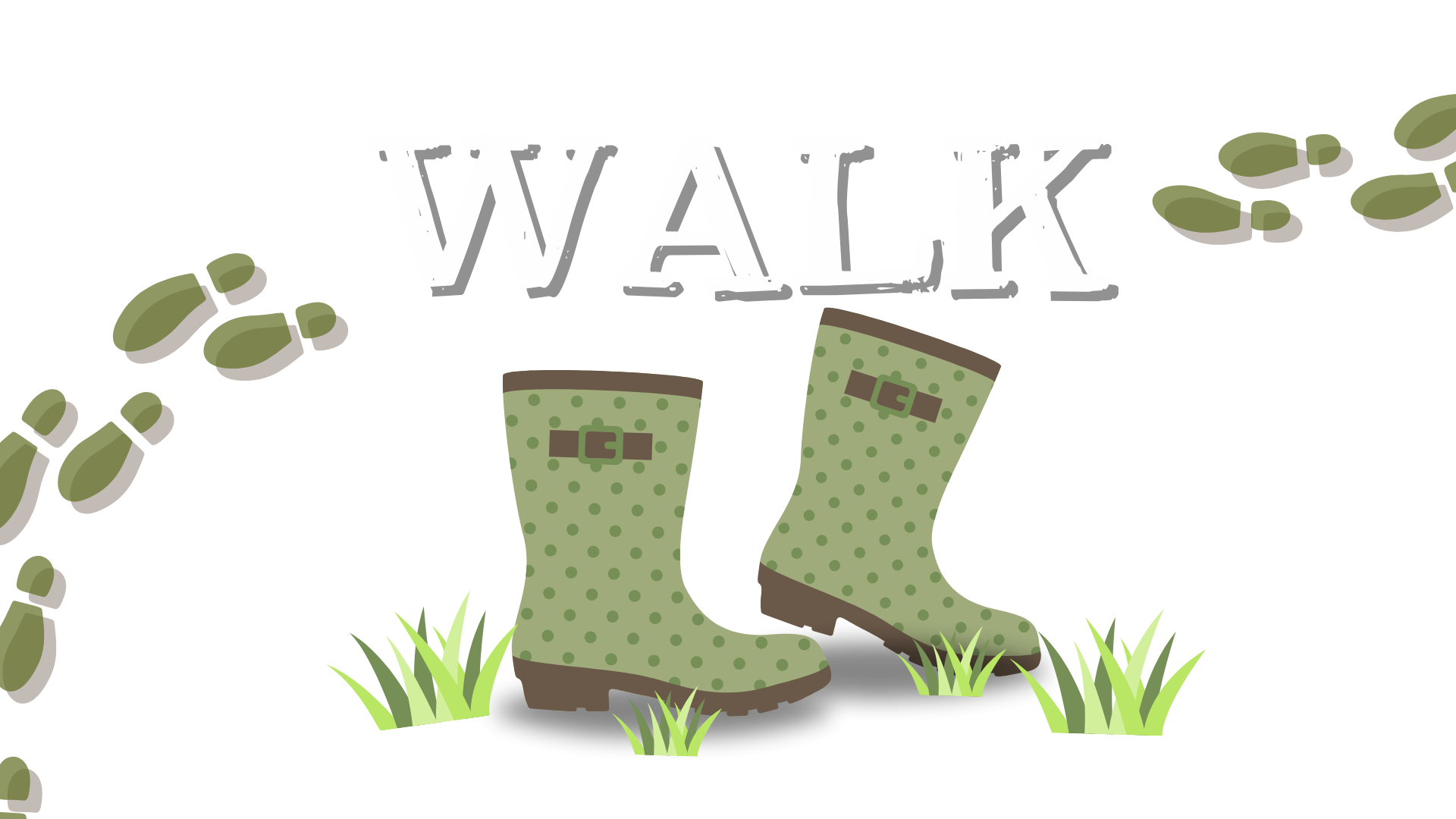 The Big Spring Trail Two green wellington boots with the text 'WALK' and footprints in mud