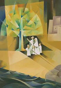 Abstract painting of the a family standing at the foot of the Tree of Life.