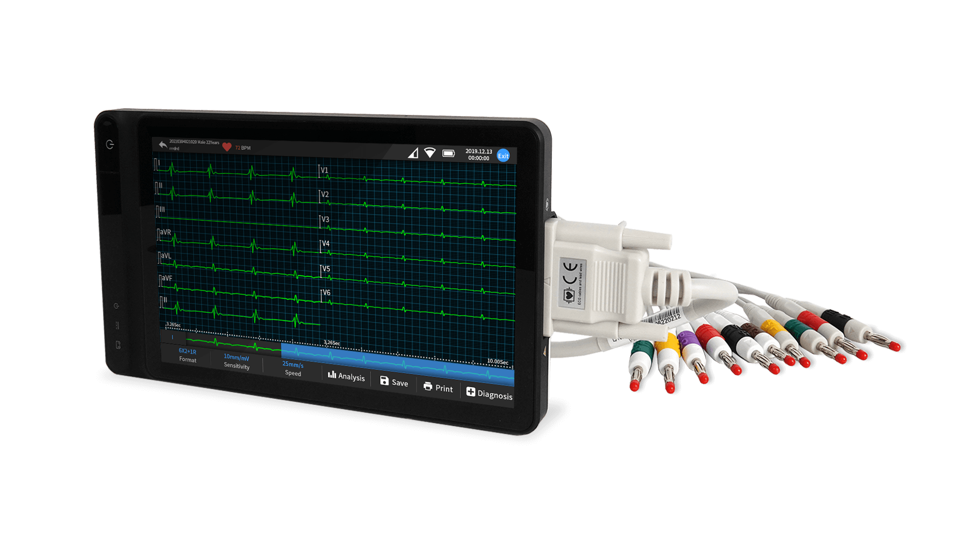 professional tablet-based ECG machine with 12 leads on.
