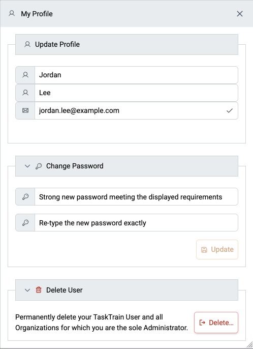 My Profile dialog with the Delete User section open