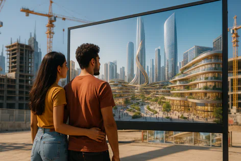 A couple stands in a dusty construction site, looking at a large screen showing a vibrant futuristic city with modern skyscrapers, curved buildings with greenery, and busy pedestrian areas.