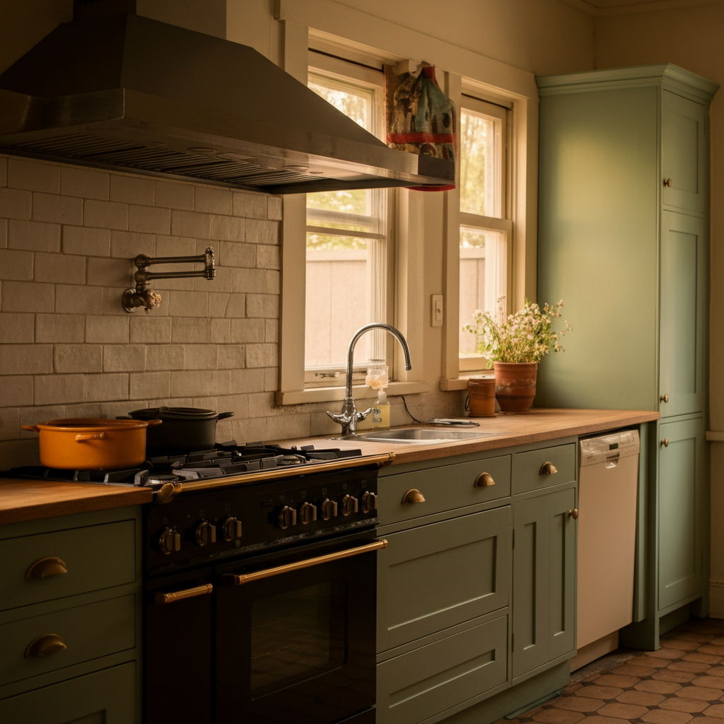 A photographic style image of A renovated kitchen in a classic Lafayette home, featuring modern amenities while preserving historic architectural details. high focus, sharp, lots of bright light, extra bright, highly detailed, high quality, dslr, film grain, fujifilm XT3, RAW photo, RAW candid cinema, color graded porta 400, depth of field, hyper realistic, natural-looking, expressive, textured skin, texture, 8k, photorealistic