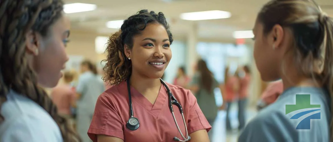 Travel nurses sharing experiences in a hospital break room, reflecting camaraderie.
