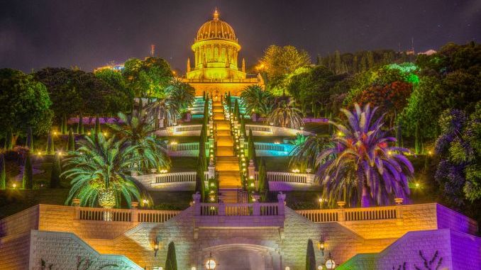 Night view of Bahai gardens in Haifa, Israel
