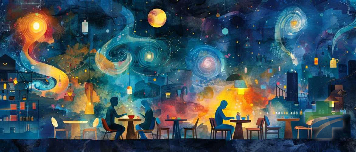 Whimsical dark cafe in vibrant colors for night shift healthcare workers