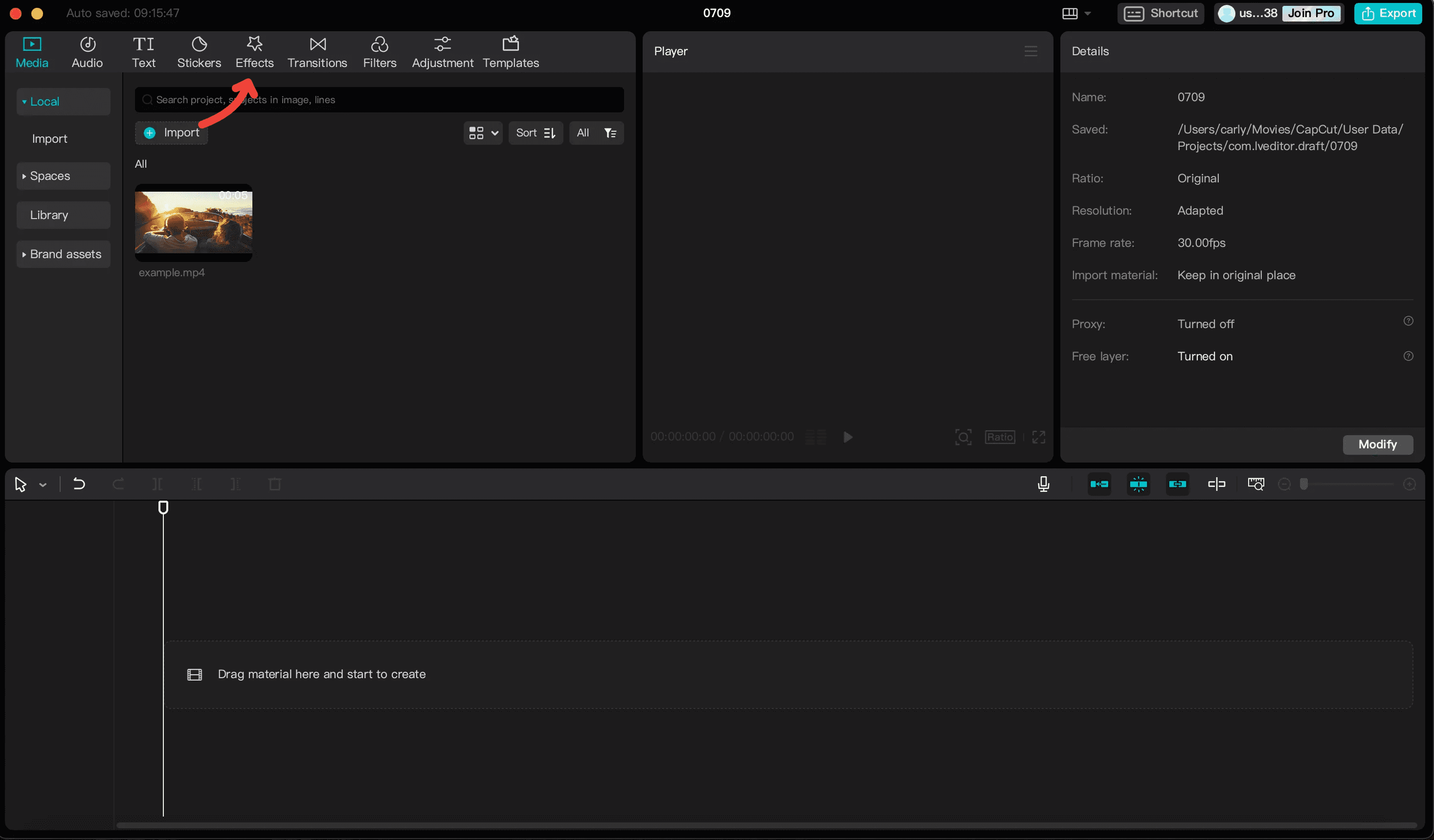 Go to the effects tab on CapCut 