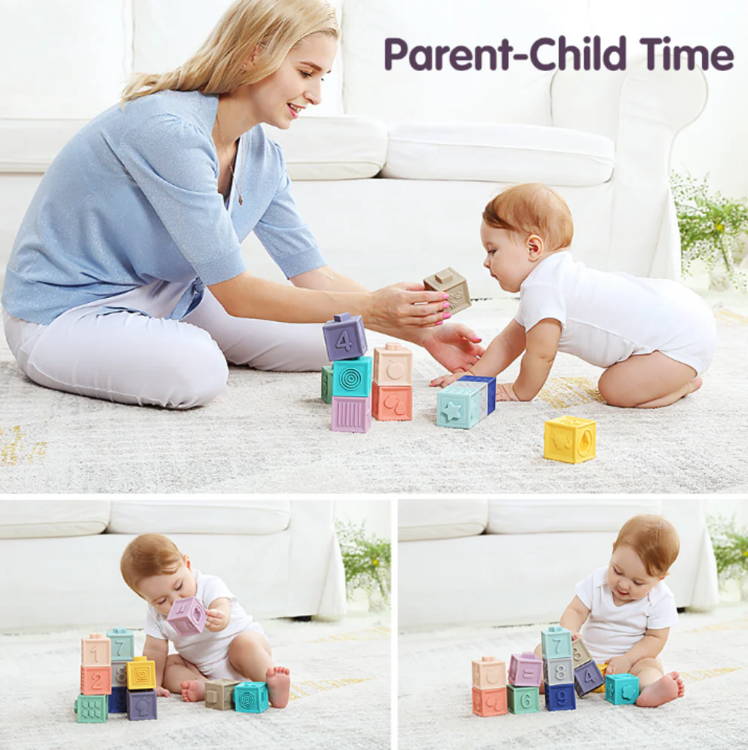 Mother and baby playing with Montessori Squeaky Block silicone Set.