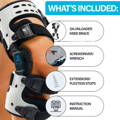 comfyorthopedic oa unloader knee brace includes adjustment tools, fixed starps, buckle, suspension sleeve and 13 hinge stops 