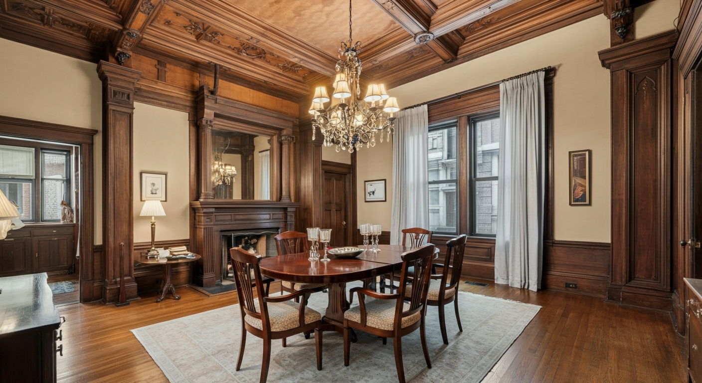 Lincoln Park brownstone dining room staged to highlight original woodwork and high ceilings. The design combines period-appropriate furniture with contemporary accents, creating an atmosphere that respects architectural heritage while appealing to modern luxury buyers.