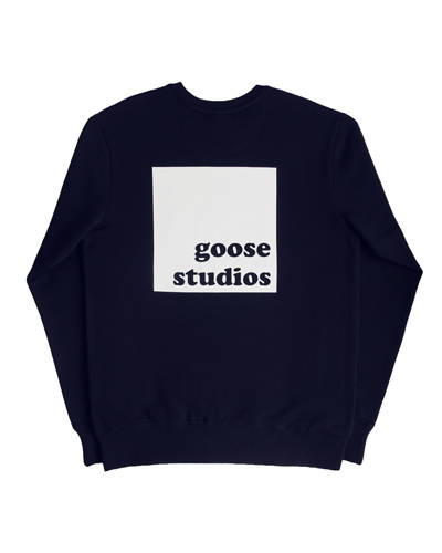 Navy blue mens organic cotton sweatshirt with large square white logo from Goose Studios