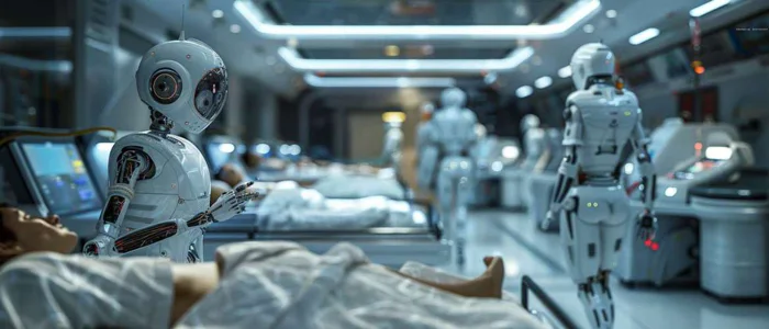 Futuristic hospital ward where robots perform nursing tasks.