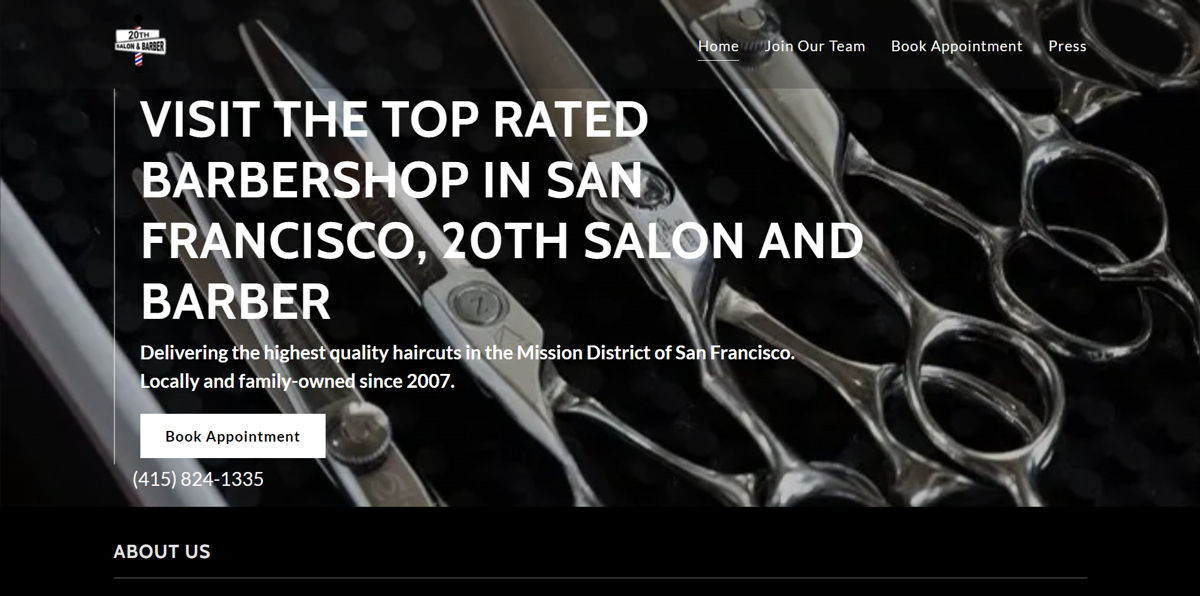 Screenshot of 20th Salon and Barber, from the barber & barbershop websites collection.
