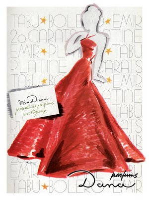 Vintage ad for Tabu, Bolero, Emir, 20 Carats, Platine and Tabu with illustration of glamorous lady going out.