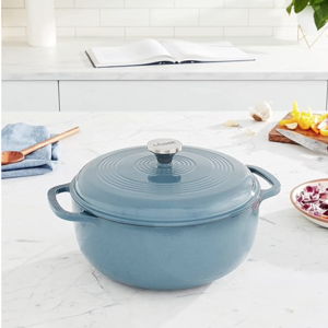 Lodge 7.5 Quart Enameled Cast Iron Dutch Oven with Lid – Dual Handles – Oven Safe up to 500° F or on Stovetop - Use to Marinate, Cook, Bake, Refrigerate and Serve – Storm Blue