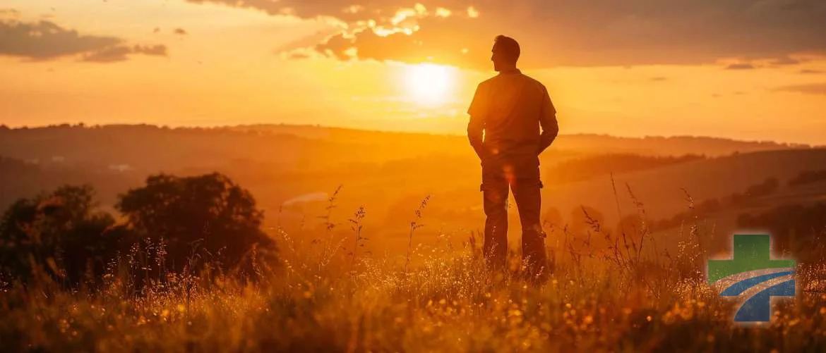 Contemplative locum tenens physician reflecting on a hill at sunset