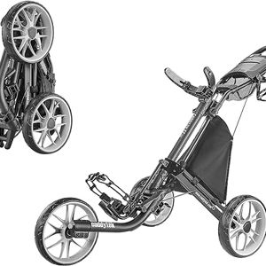 CaddyTek 3 Wheel Golf Push Cart - Foldable Collapsible Lightweight Pushcart with Foot Brake - Easy to Open & Close
