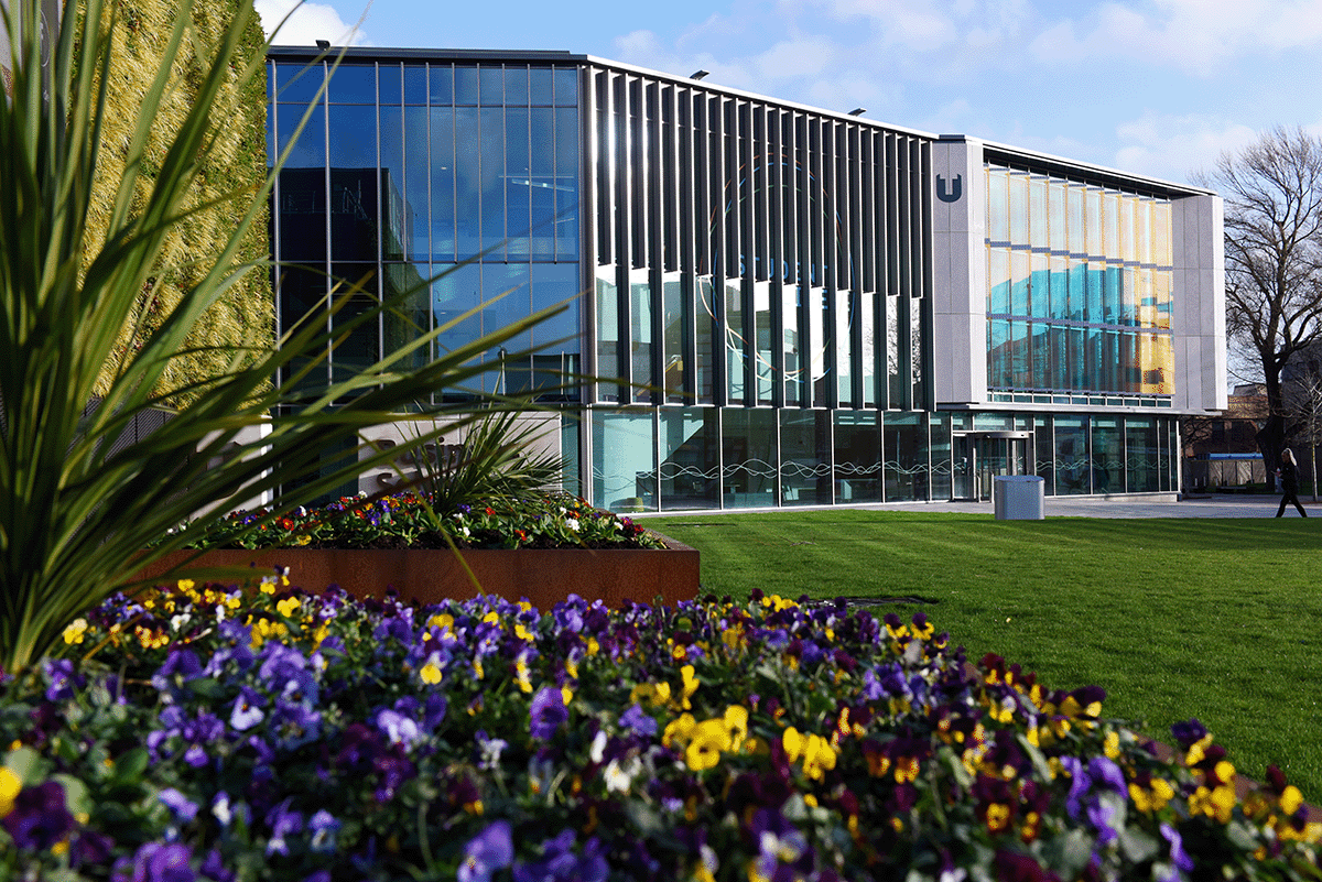 Entrance of Teeside University with gardens in foreground