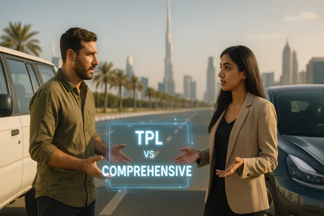 A man and woman discuss TPL vs Comprehensive car insurance between two cars with the Dubai skyline including Burj Khalifa in the background.