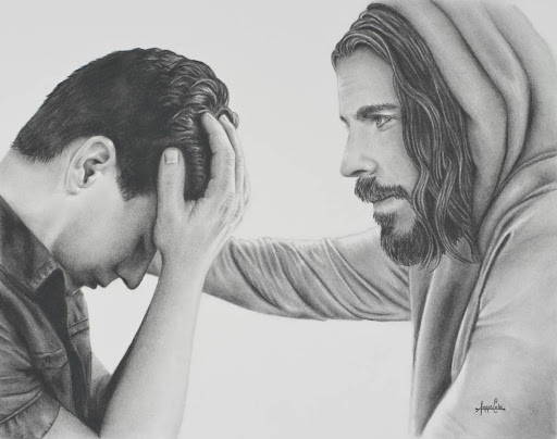 Charcoal drawing of Jesus comforing a young man.