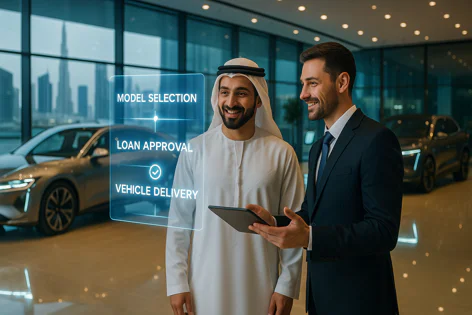 Arab man and businessman smile, viewing a tablet in a car showroom with holographic car buying process steps: selection, loan, delivery. New cars visible.