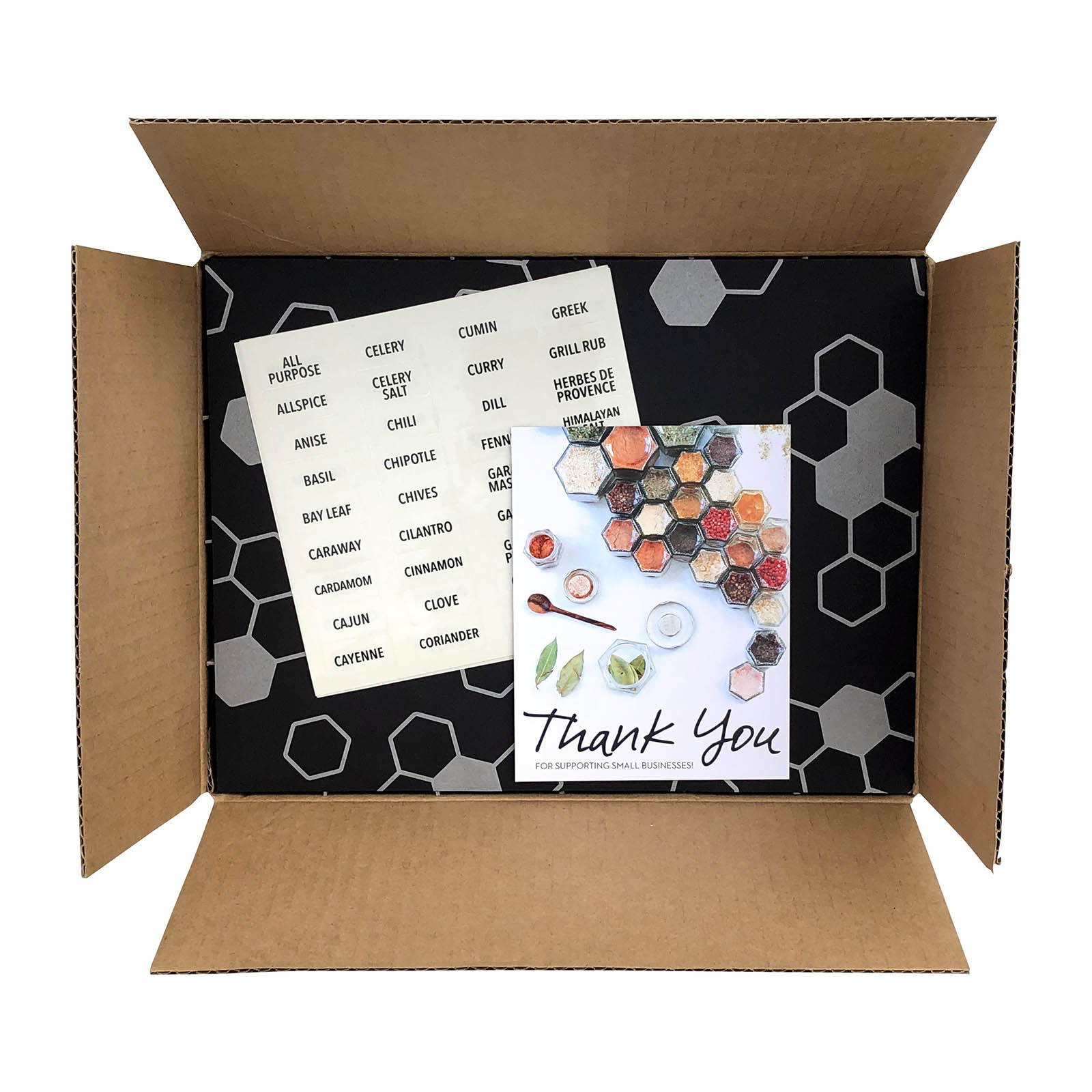 A cardboard box contains a black sheet with a honeycomb design, a list of labels, and a thank you card